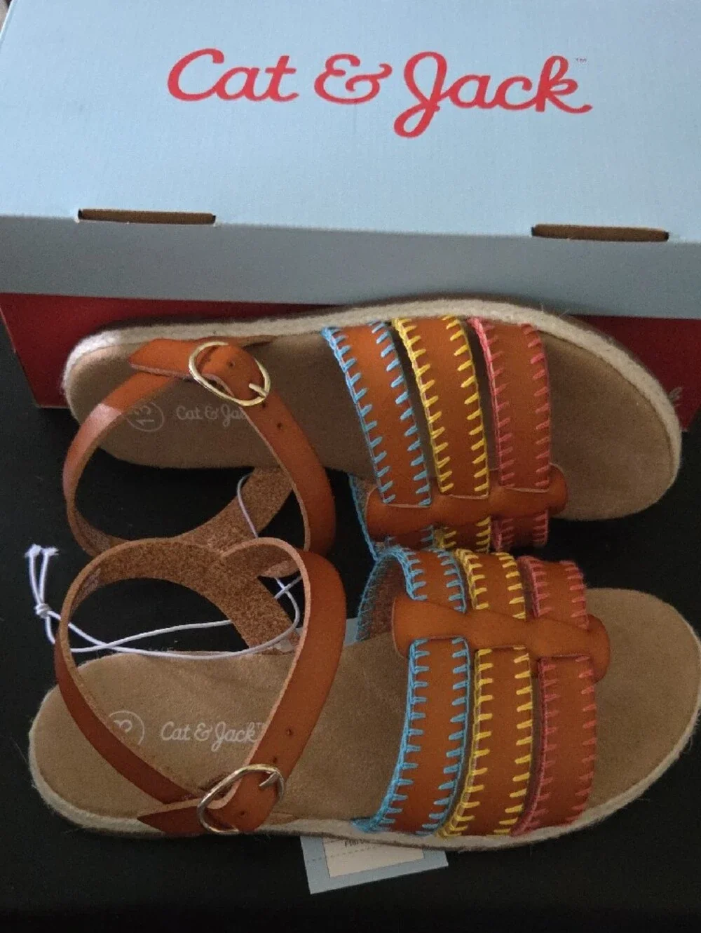 Cat & Jack Brown Girls' Strappy Sandals with Pink Yellow Blue Stitching